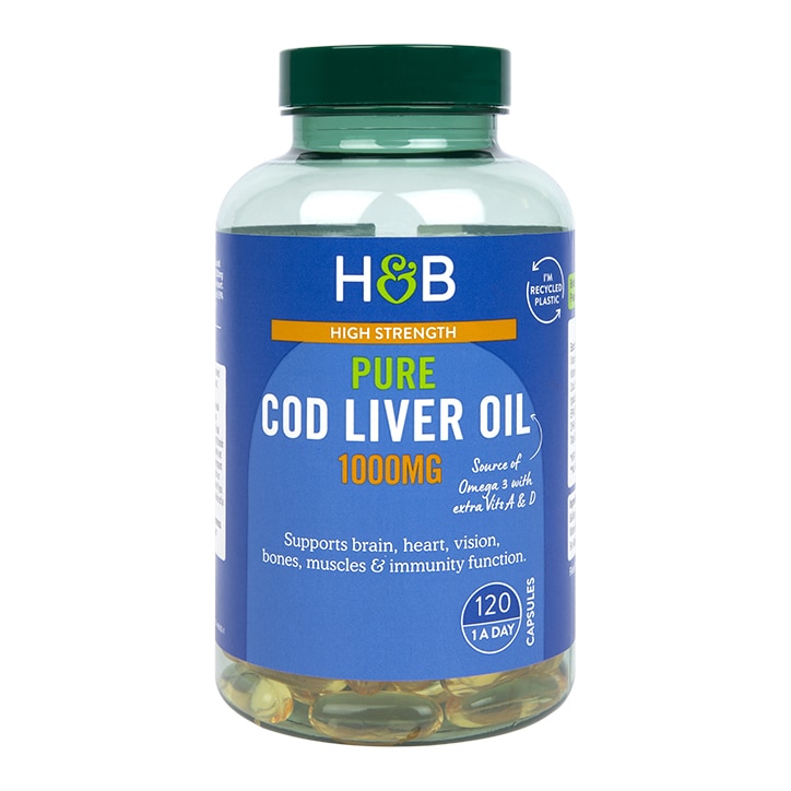 Holland & Barrett Pure Cod Liver Oil 1000mg 120 Capsules Omega 3 Supplements & Fish Oils Holland&Barrett   