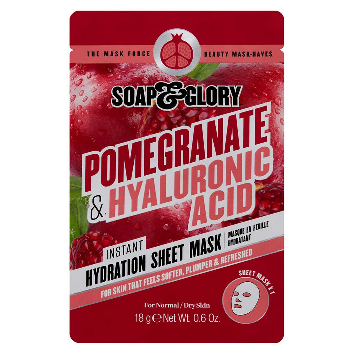 Soap & Glory Pomegranate & Hyaluronic Acid Instant Hydration Sheet Mask GOODS Boots   