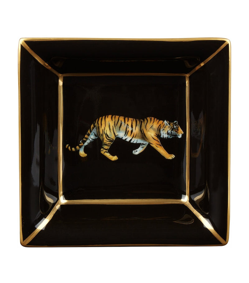 Halcyon Days square enamel tray with hand-painted tiger design, UK version