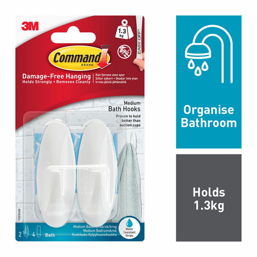 Command Designer Hook with Bath Strips Medium 17081B 2 Hooks + 4 Strips DIY ASDA   