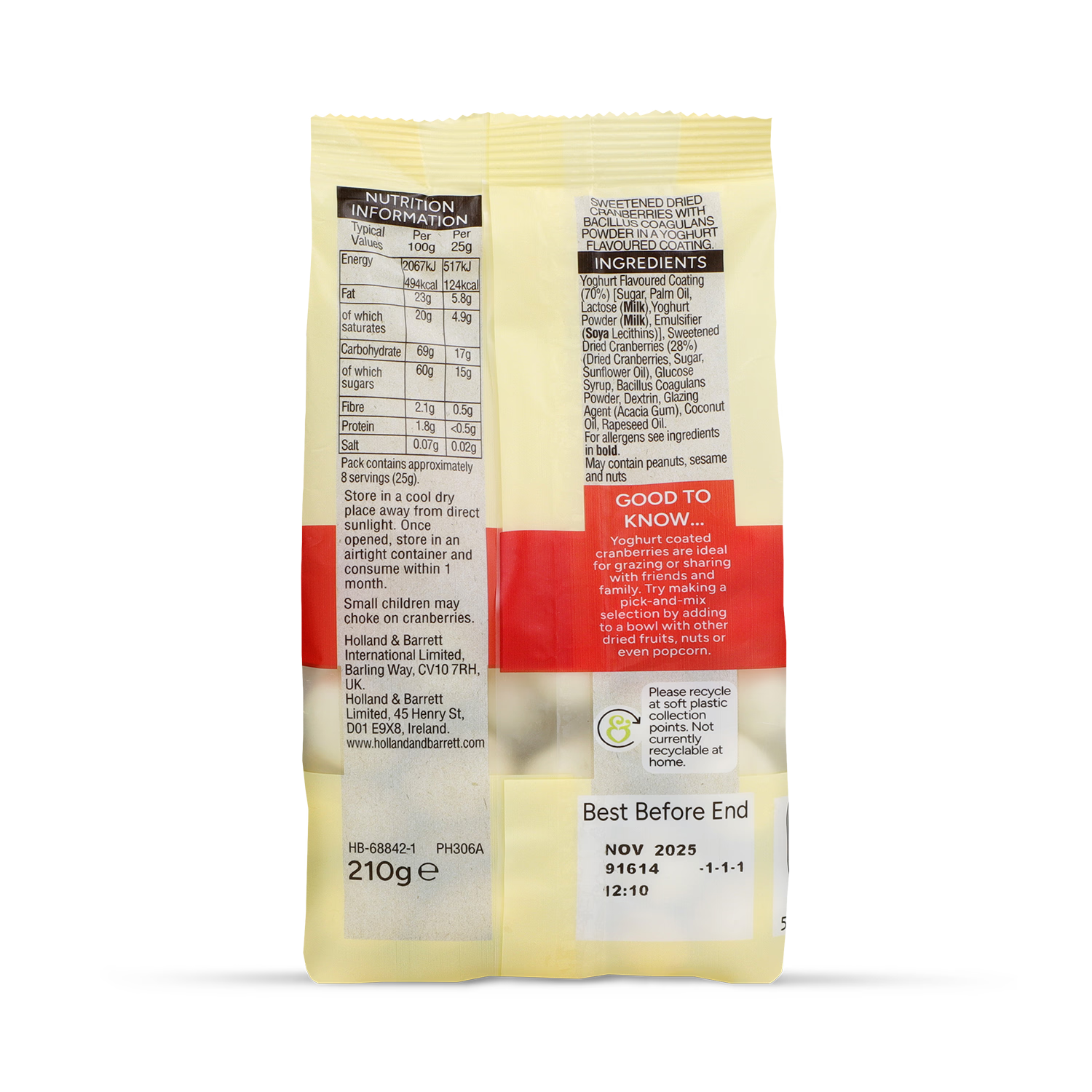 Holland & Barrett yoghurt coated cranberries 210g, imported from the UK