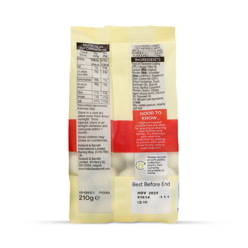 Holland & Barrett yoghurt coated cranberries 210g, imported from the UK