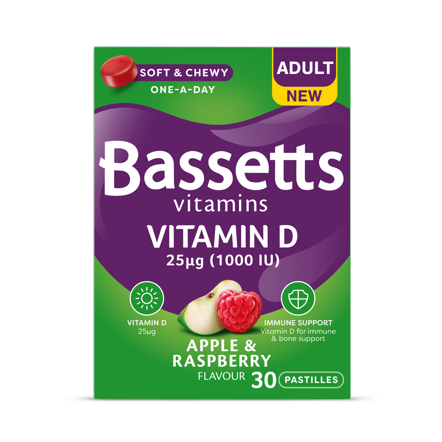 Bassetts Vitamin D pastilles Apple Raspberry 30 pack (British brand)