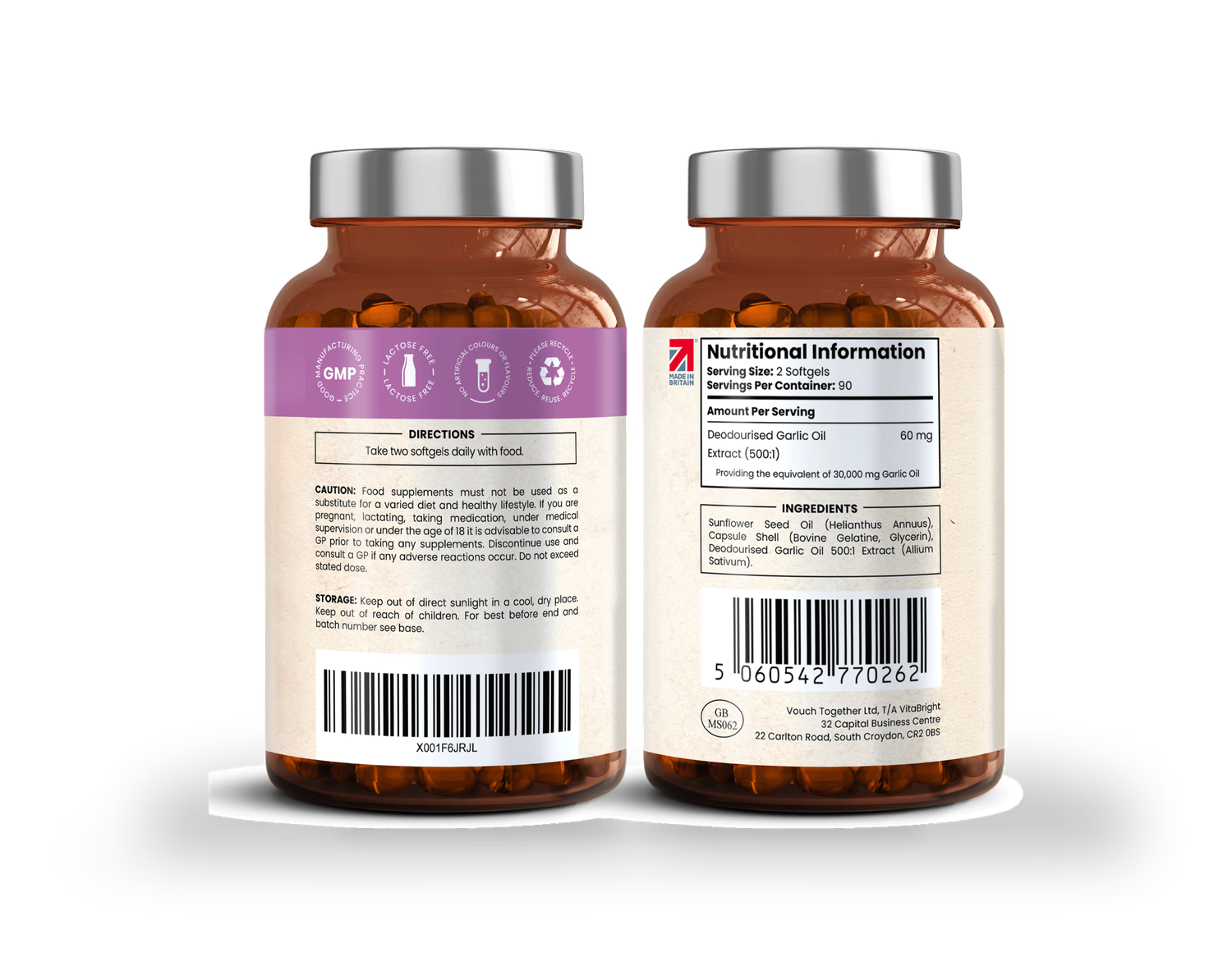 VitaBright odourless garlic softgels 180 count (British brand)