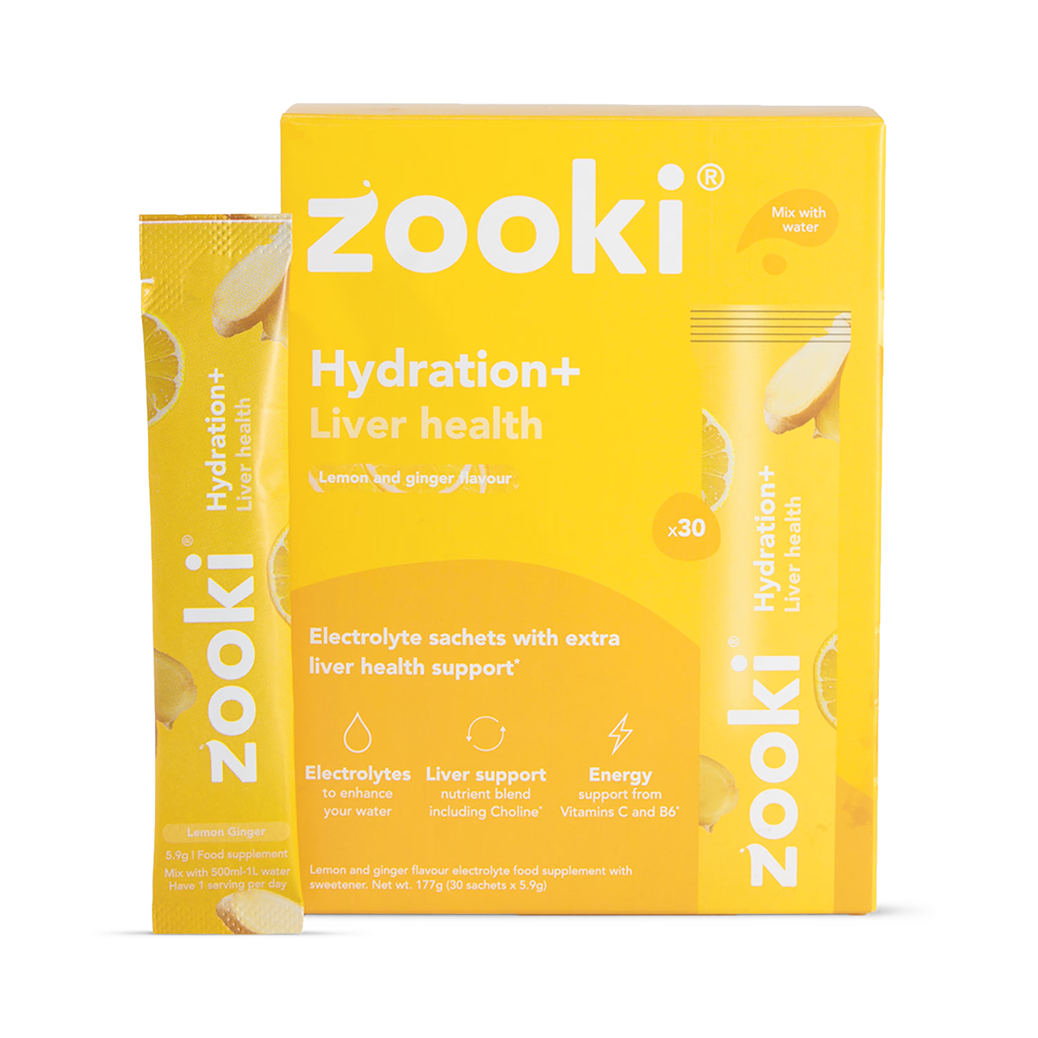 Zooki Hydration+ Liver Health Lemon Ginger 30 Sachets (British brand)