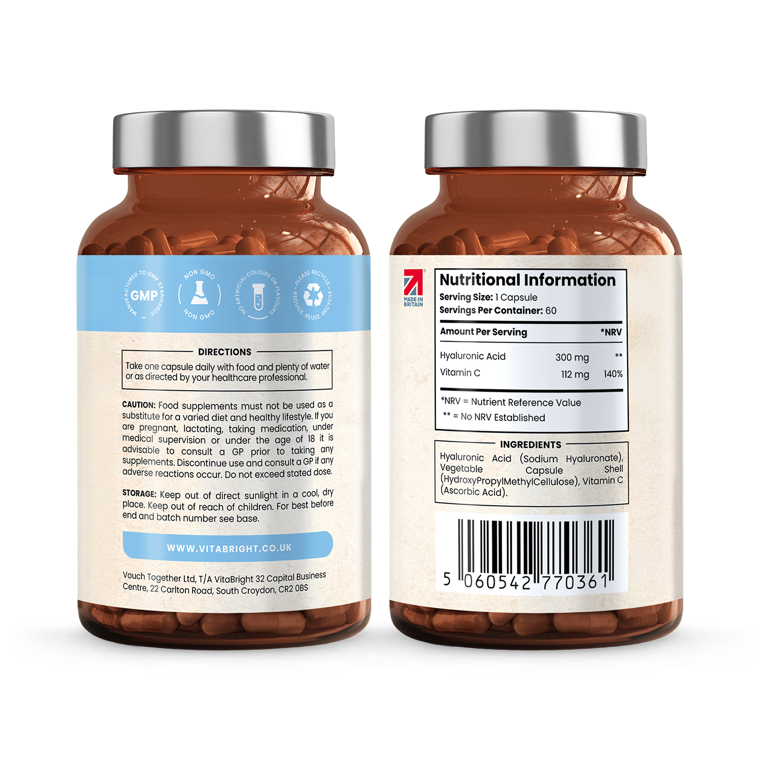 VitaBright hyaluronic acid supplement with vitamin C 60 capsules (British brand)