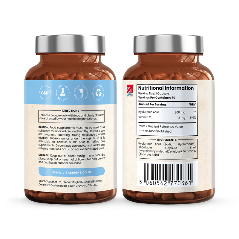 VitaBright hyaluronic acid supplement with vitamin C 60 capsules (British brand)