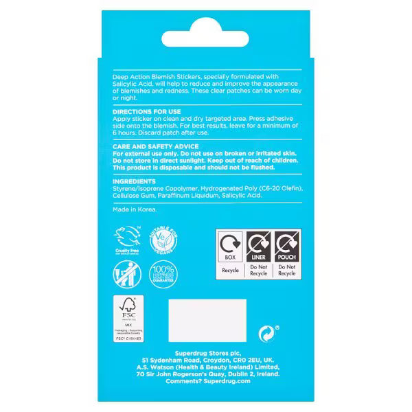 Deep Action blemish patches Salicylic Acid 72pk - British product