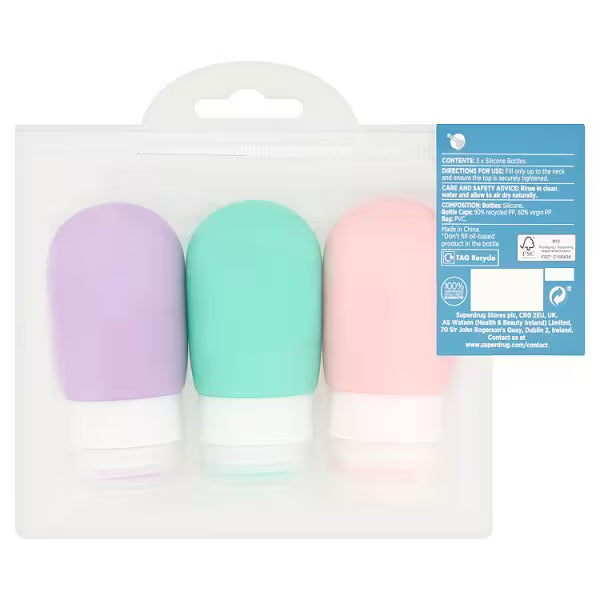 Superdrug squeezy travel bottle set plastic container (British brand)