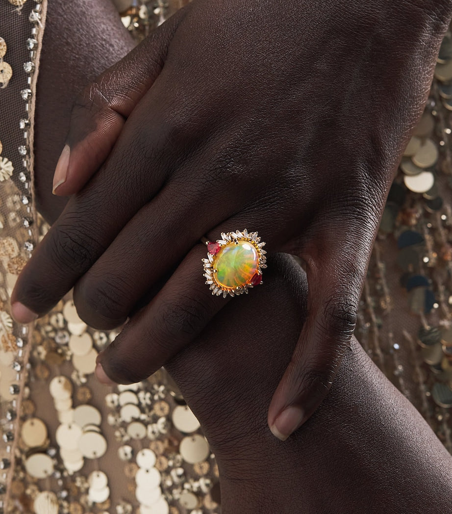 Suzanne Kalan opal and diamond portrait ring 18kt yellow gold, imported from the UK