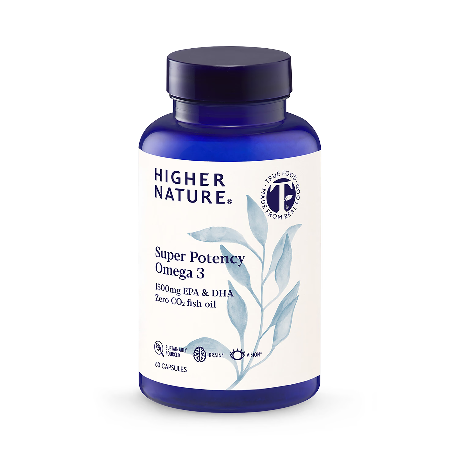 Higher Nature Omega 3 fish oil capsules Super Potency 1500mg 60 count, UK version