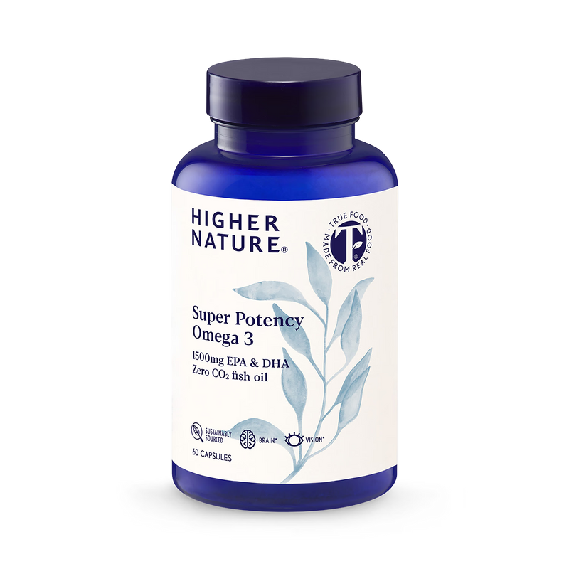 Higher Nature Omega 3 fish oil capsules Super Potency 1500mg 60 count, UK version