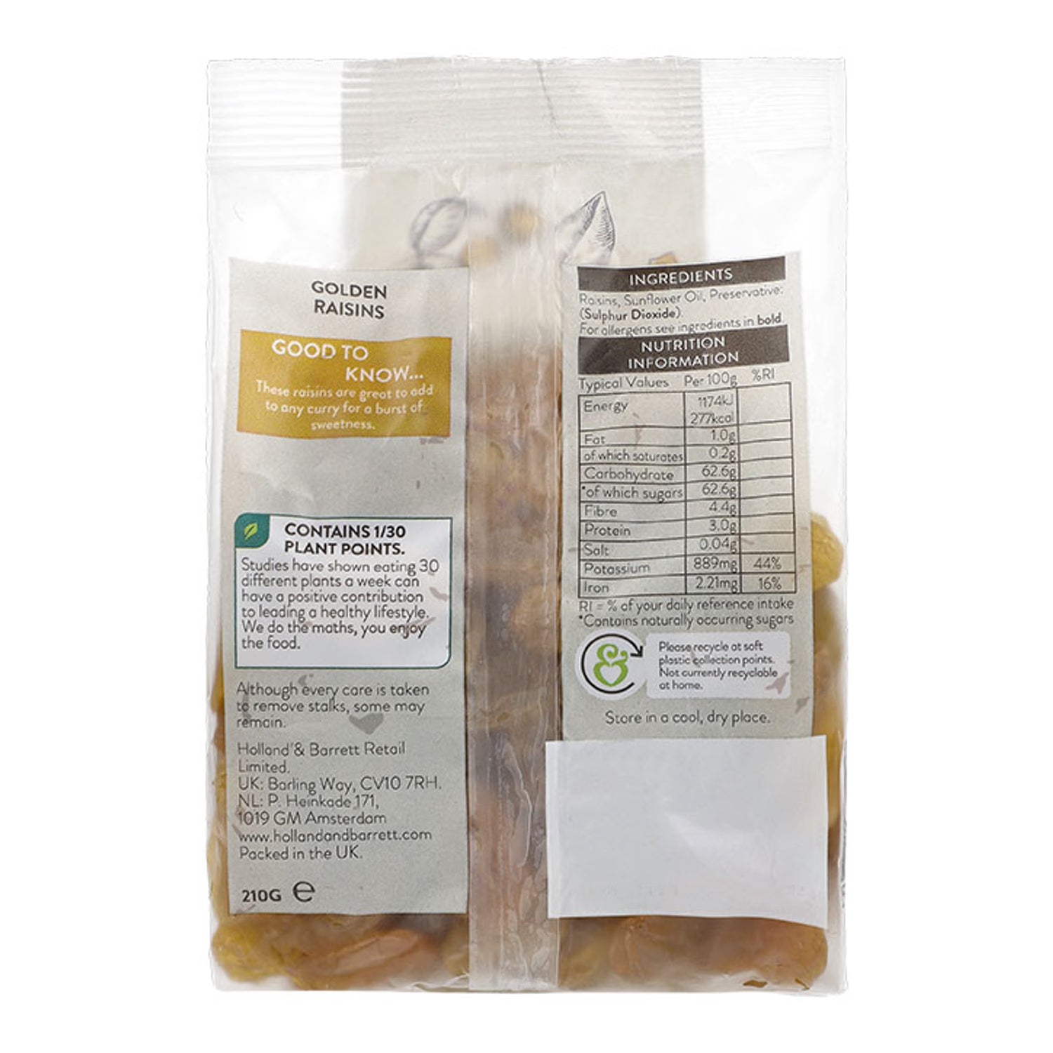 Holland & Barrett golden raisins 210g pack, UK version