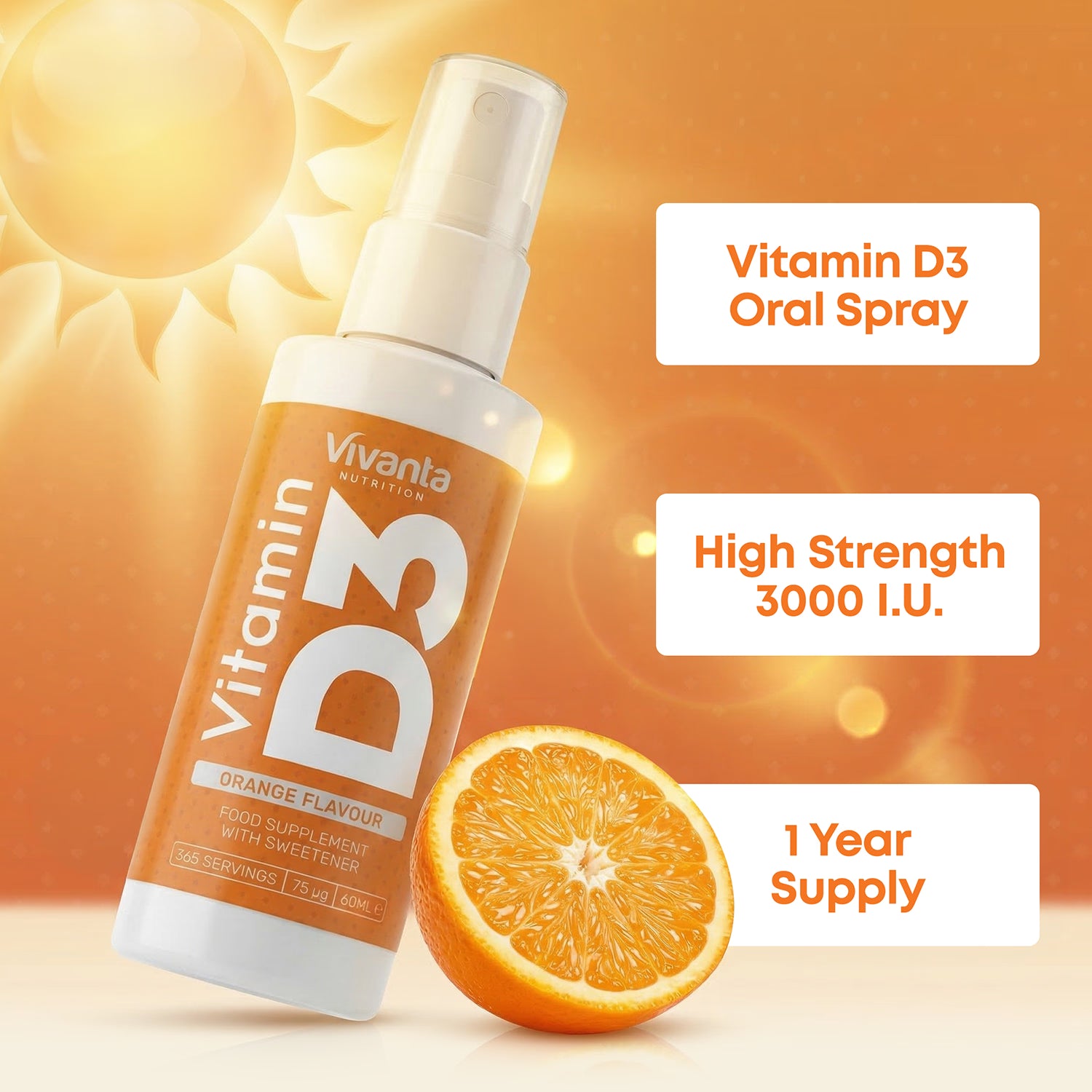 Vivanta Nutrition Vitamin D Spray 3000IU Orange Flavour 60ml, imported from the UK