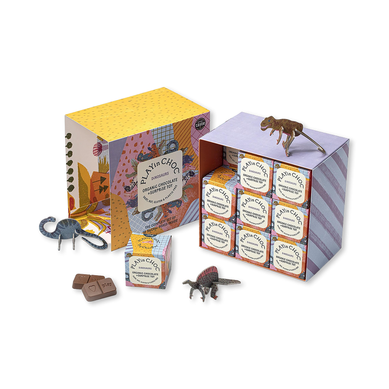 PLAYin CHOC dinosaur gift set with organic chocolates, imported from the UK