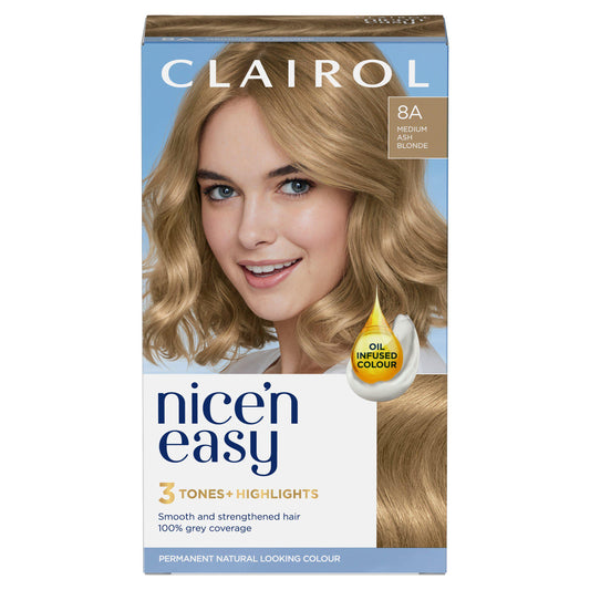 Clairol Nice'n Easy Crème Natural Looking Oil-Infused Permanent Hair Dye Medium Ash Blonde 8A Blonde Sainsburys   