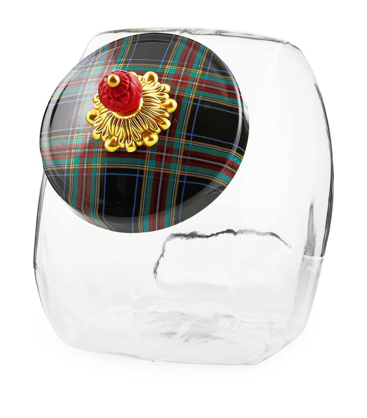 MacKenzie-Childs glass tartan lid cookie jar, imported from the UK