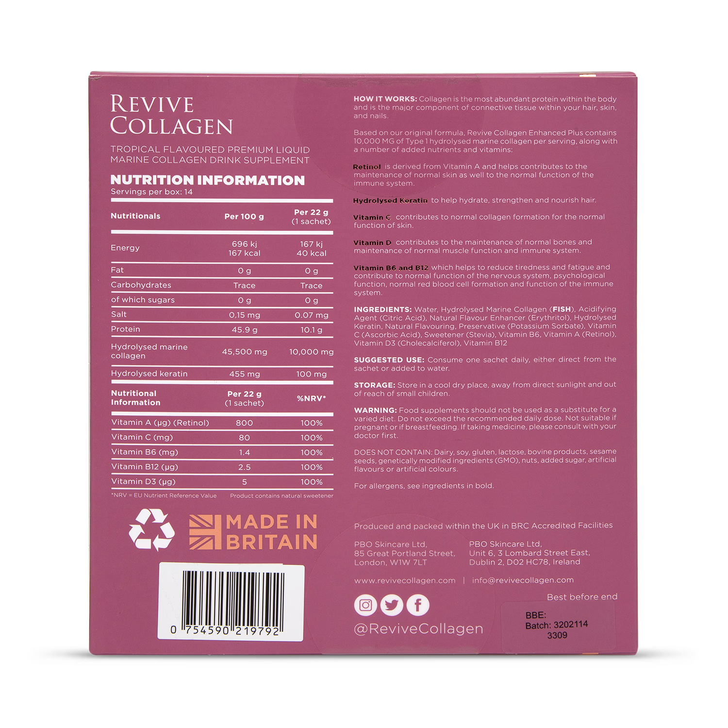 Revive Marine Collagen Drink Tropical 14 Sachets, imported from the UK