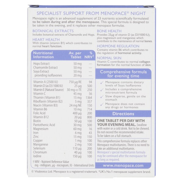 Vitabiotics Menopace Night Vitamins 30 Tablets GOODS Superdrug   