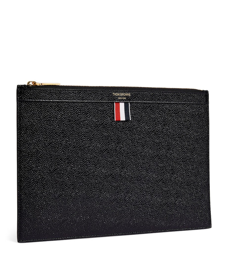 Thom Browne small leather pouch featuring iconic tricolour stripe, UK version