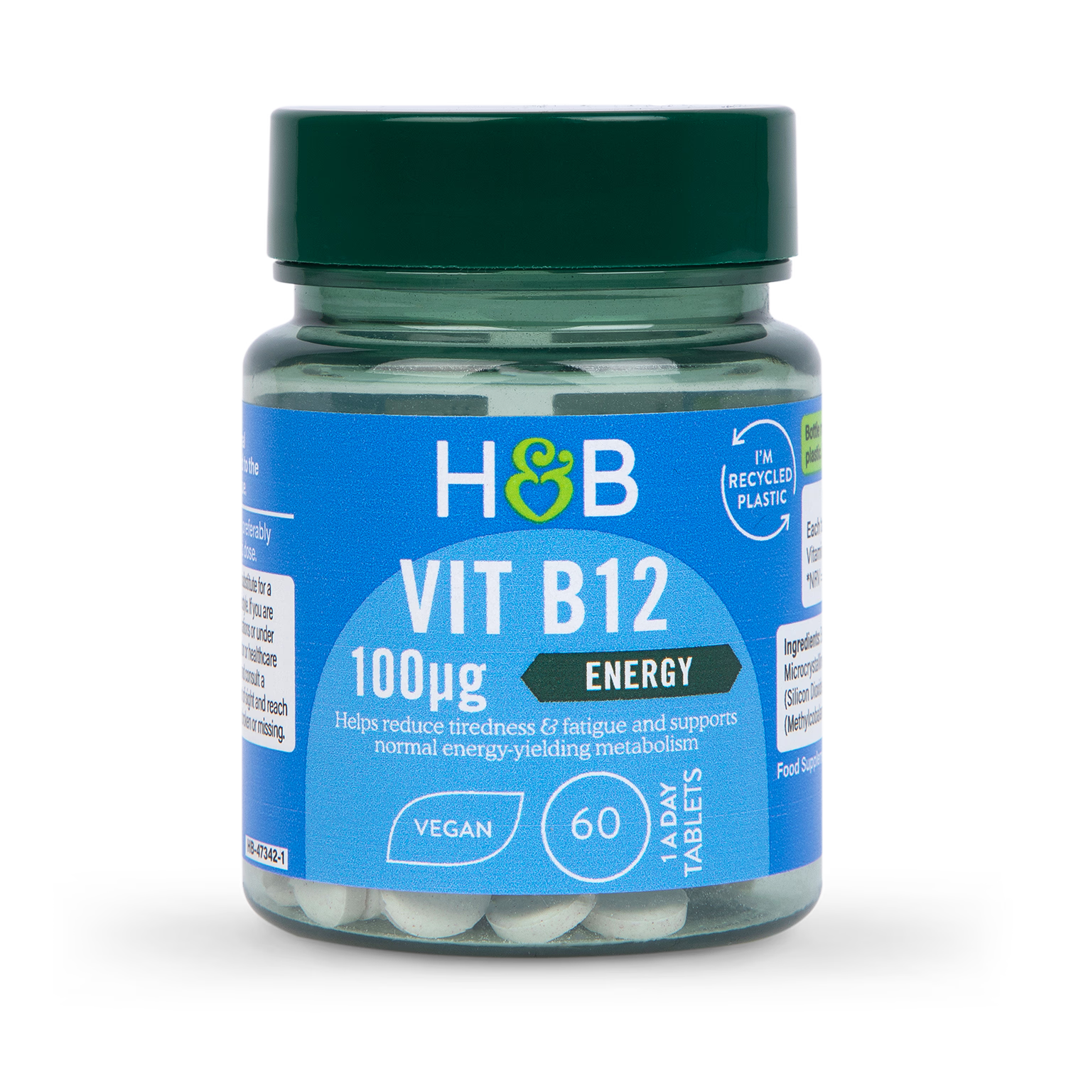 Holland & Barrett vitamin B12 supplement 100µg 60 tablets, imported from the UK
