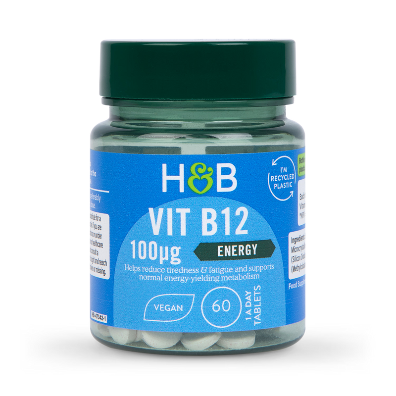 Holland & Barrett vitamin B12 supplement 100µg 60 tablets, imported from the UK