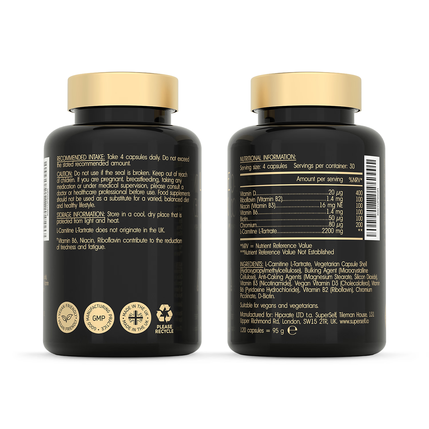 SuperSelf L-Carnitine with vitamins D and B complex 120 capsules (British brand)