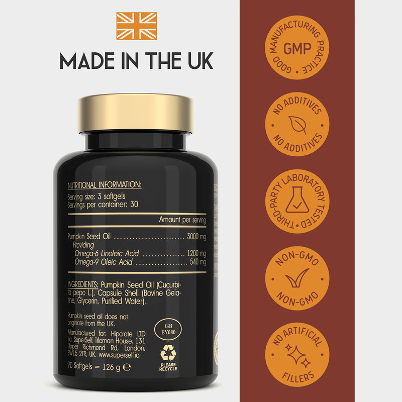 SuperSelf pumpkin seed oil supplement 3000mg 90 softgels, imported from the UK