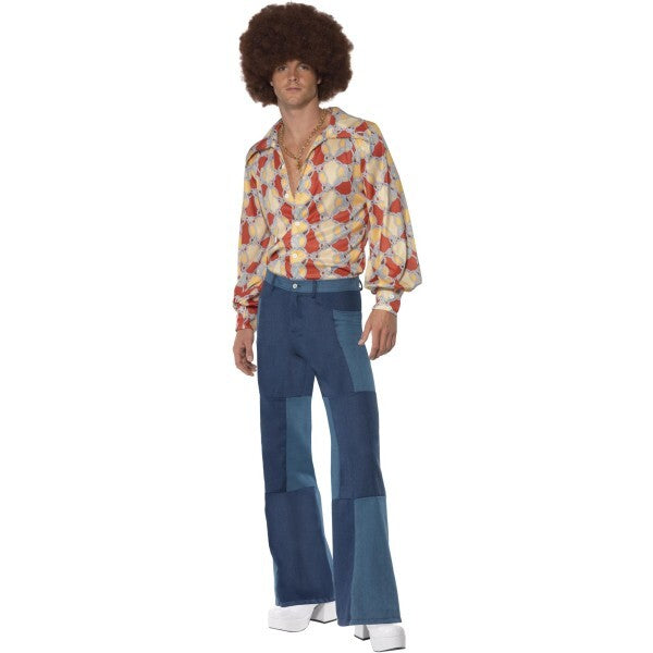 Smiffys patchwork flares denim look trousers, imported from the UK