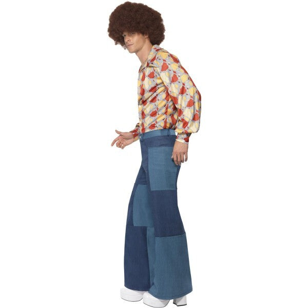 Smiffys patchwork flares denim look trousers, imported from the UK