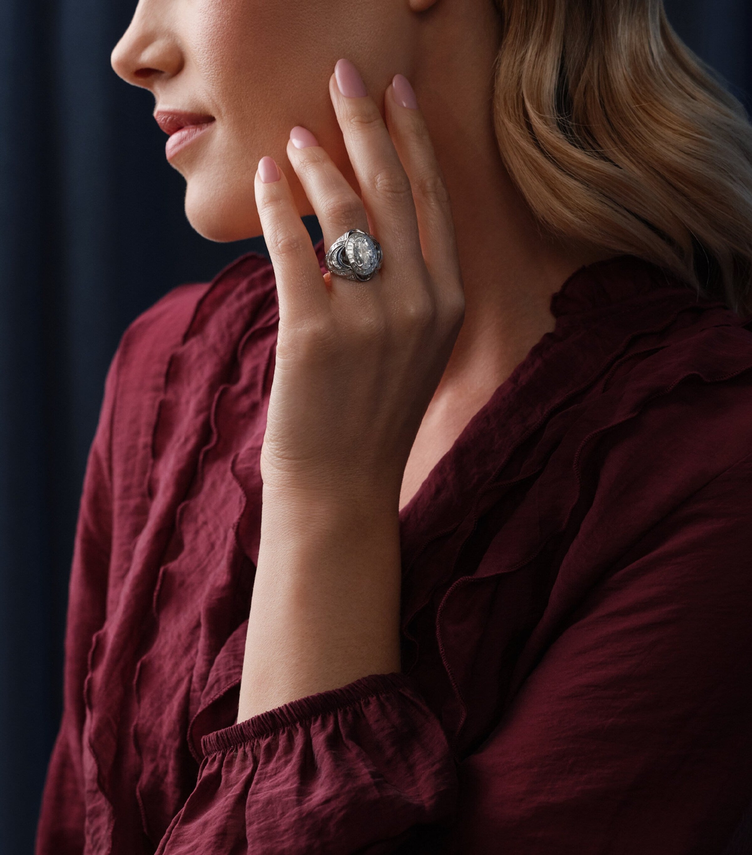 Boodles platinum and diamond statement ring with teal enamel - British product