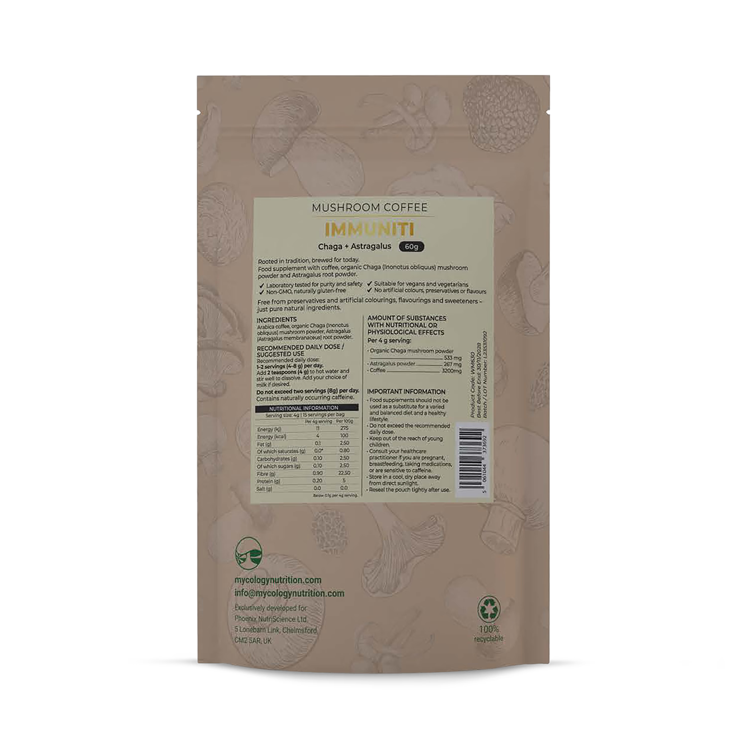Mycology Nutrition immunity coffee chaga astragalus 60g (British brand)