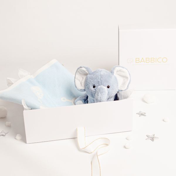 Babbico Blue Elephant Toy And Rattle Blanket Baby Gift Set