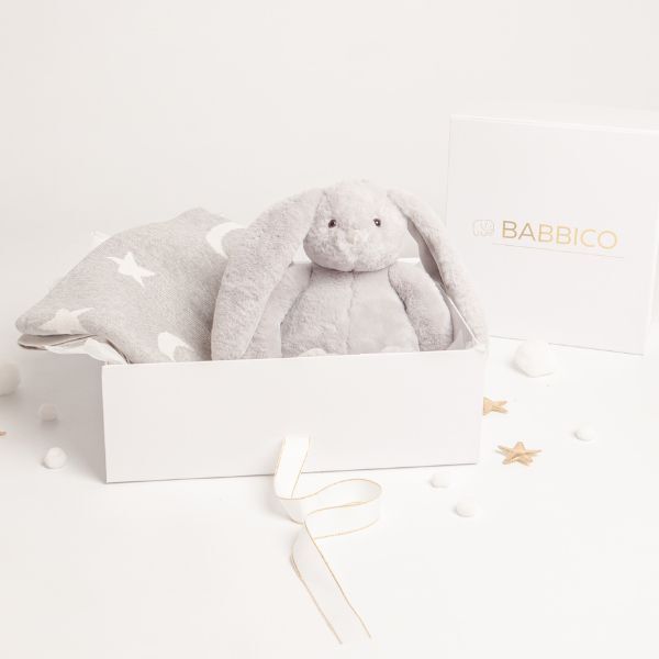 Babbico Grey Bunny Toy And Moon & Star Blanket Baby Gift Set