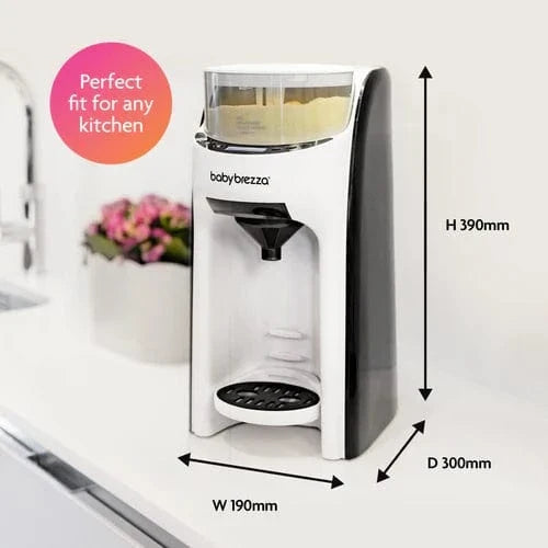 Baby Brezza formula dispenser in black and white, imported from the UK