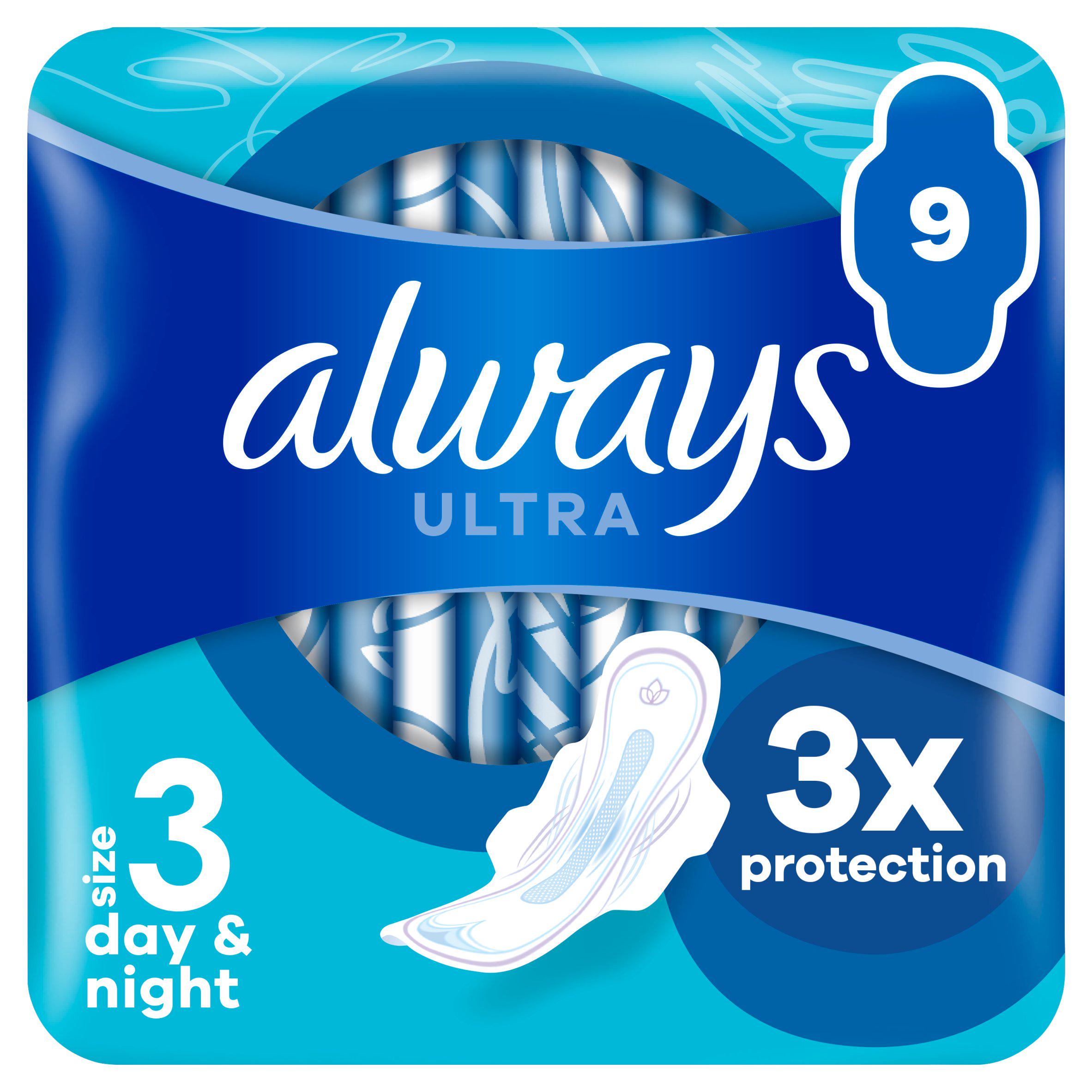 Always Ultra Sanitary Towels Day & Night Size 3 Wings Pads x9 GOODS Sainsburys   