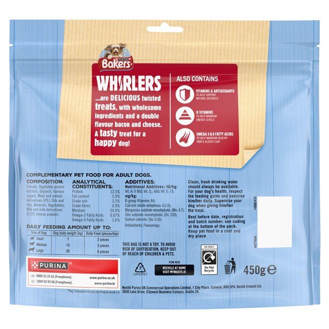 Bakers Whirlers Bacon and Cheese Dog Treats   450g