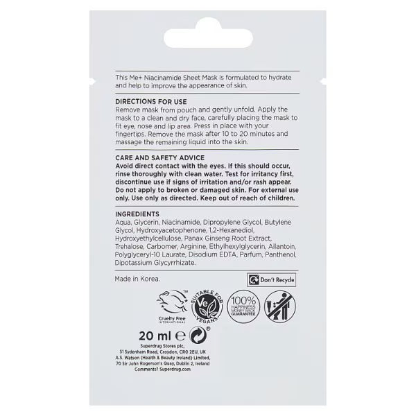 Me+ Niacinamide Sheet Mask 20ml, imported from the UK