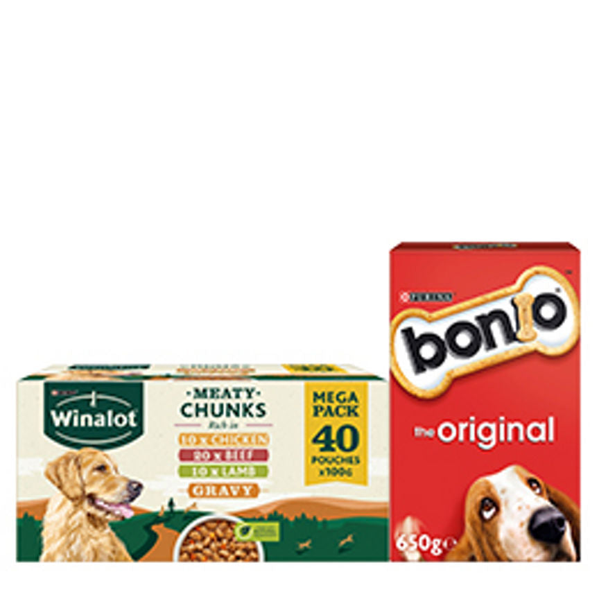 Winalot Dog Food Pouches Mixed in Gravy & Bonio Dog Biscuits Bundle