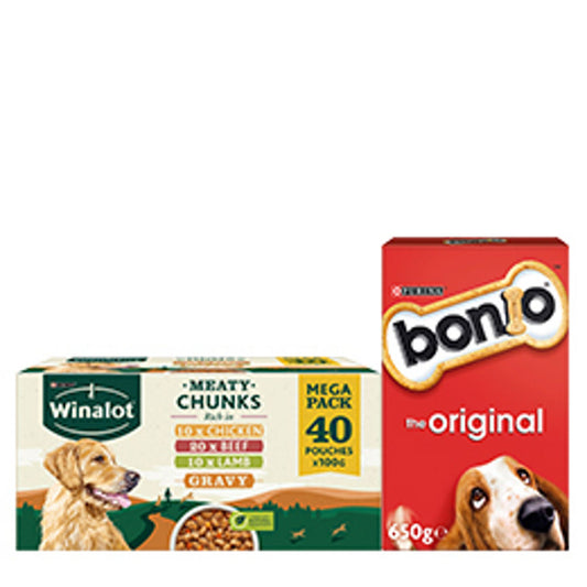 Winalot Dog Food Pouches Mixed in Gravy & Bonio Dog Biscuits Bundle GOODS ASDA   