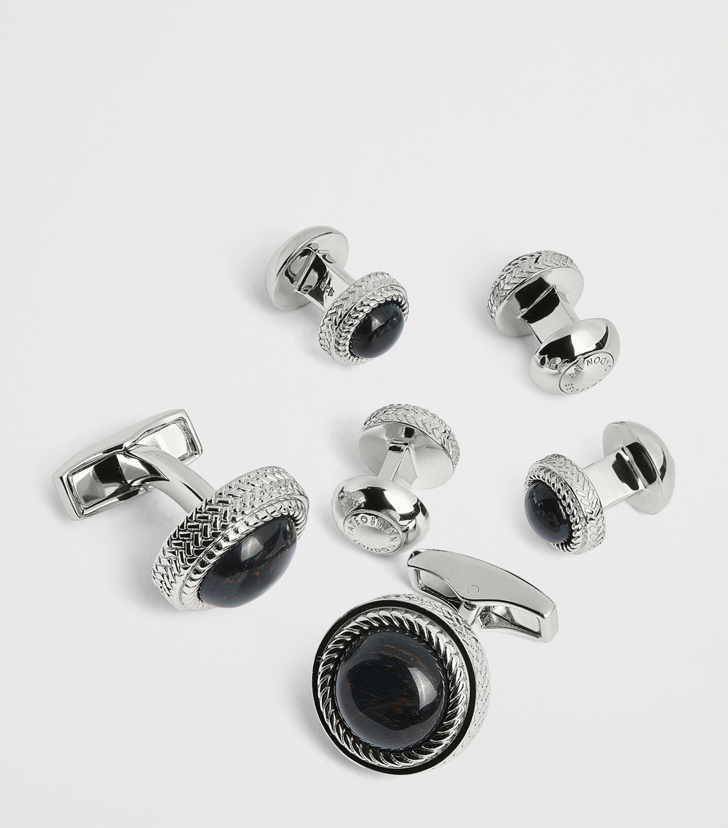 Tateossian sterling silver and onyx herringbone cufflinks and studs set (British brand)