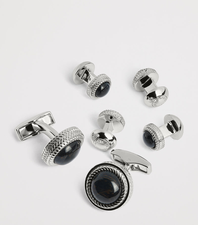 Tateossian sterling silver and onyx herringbone cufflinks and studs set (British brand)