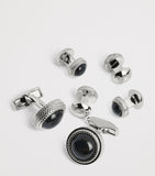 Tateossian sterling silver and onyx herringbone cufflinks and studs set (British brand)