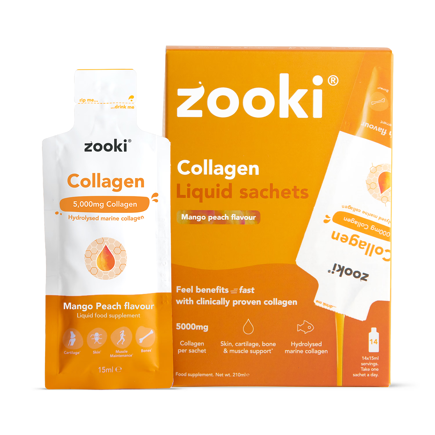 Zooki Marine Collagen Mango Peach 15ml sachet, imported from the UK