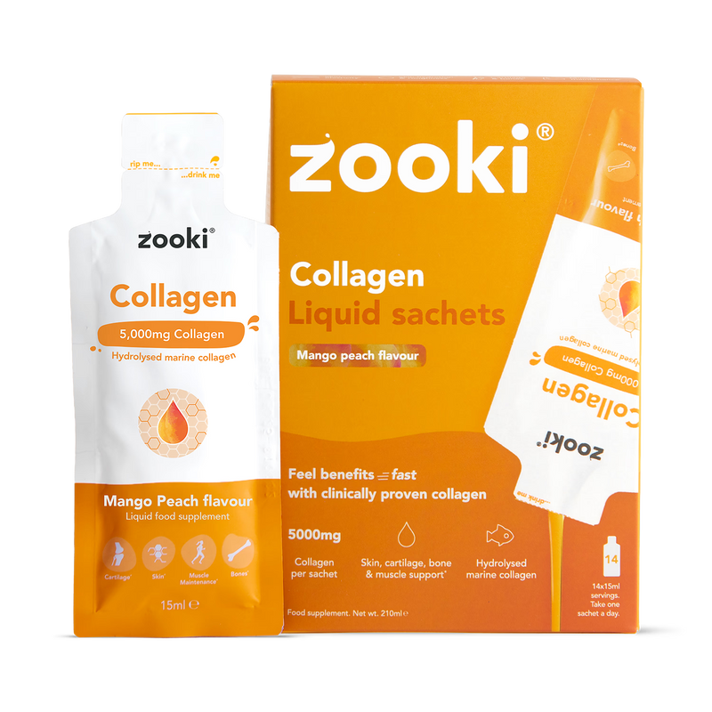 Zooki Marine Collagen Mango Peach 15ml sachet, imported from the UK