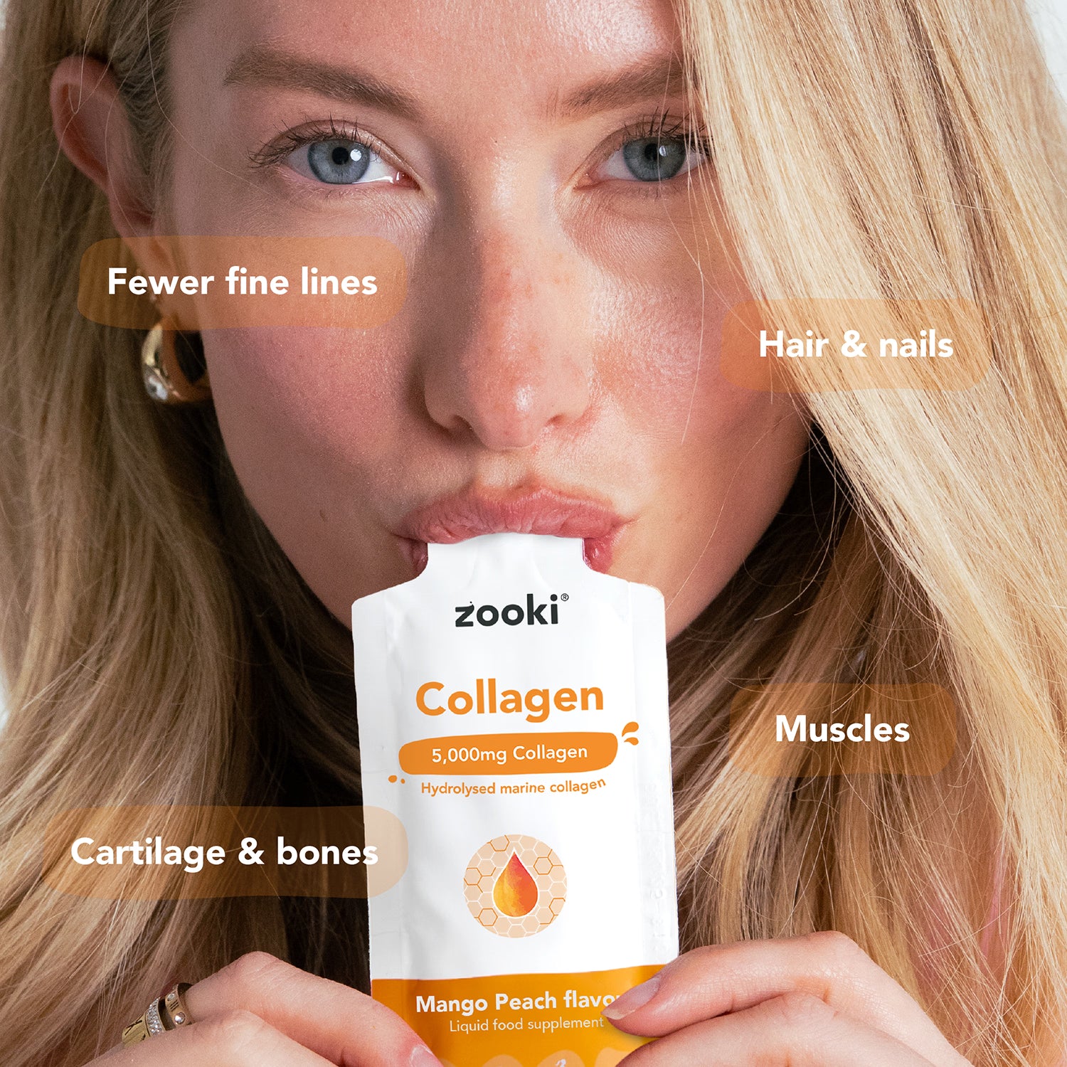 Zooki Marine Collagen Mango Peach 15ml sachet, imported from the UK