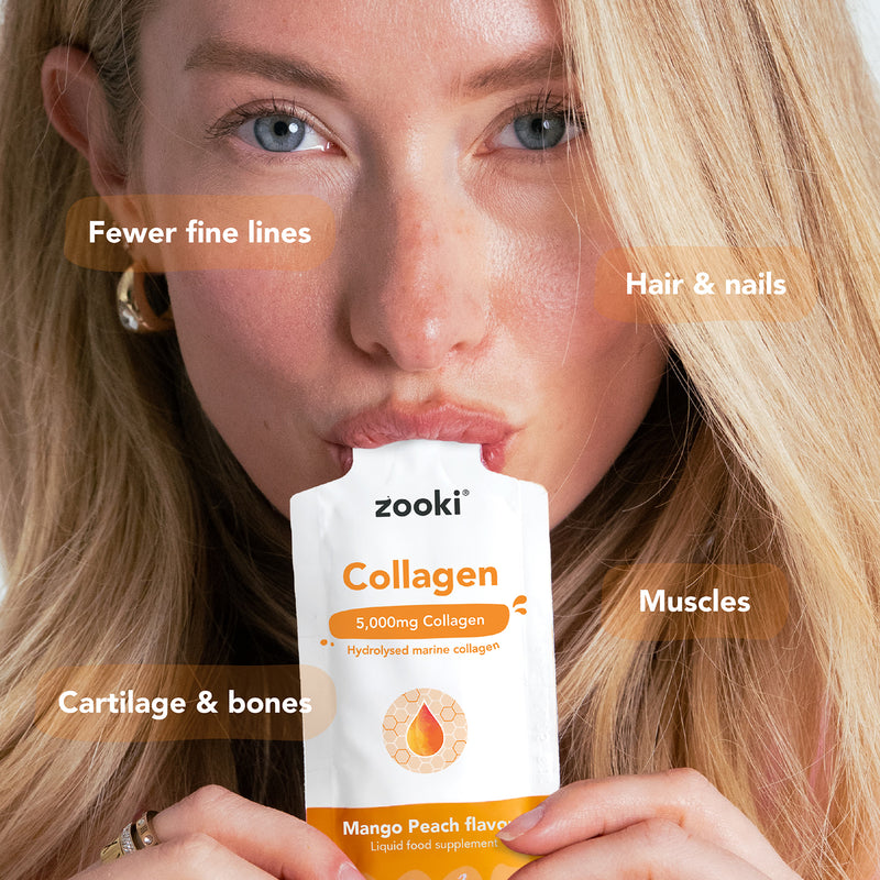 Zooki Marine Collagen Mango Peach 15ml sachet, imported from the UK