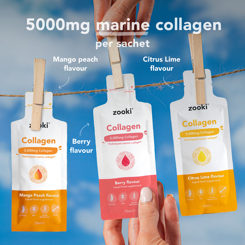 Zooki Marine Collagen Mango Peach 15ml sachet, imported from the UK