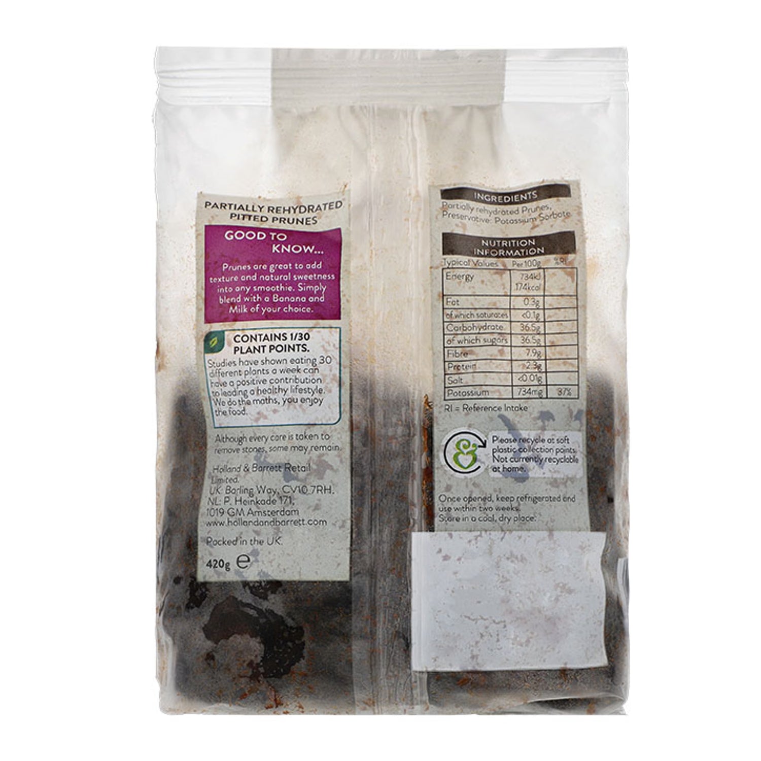 Holland & Barrett Luxury Soft Prunes 420g, imported from the UK
