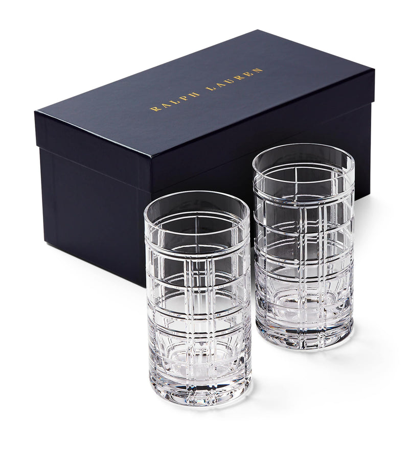 Ralph Lauren highball glasses with Hudson Plaid design, imported from the UK